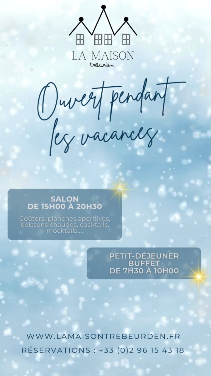 🎄✨ La magie de Noël s’invite à La Maison Trébeurden ! ✨🎄
Pendant les fêtes, nous vous accueillons dans une ambiance douce et chaleureuse pour profiter d’un moment gourmand. Le petit déjeuner sera servi de 07h30 à 10h00, et notre salon ouvrira ses portes de 15h00 à 20h30 pour savourer boissons chaudes ou fraîches, pâtisseries maison et planches à partager.

Le tout dans un décor cosy illuminé aux couleurs de Noël.
La réservation est conseillée. Nous avons hâte de partager cette belle période avec vous ! ✨❤️

#christmas #newyears #bretagne #hotels #festiveseason #friendships #famille